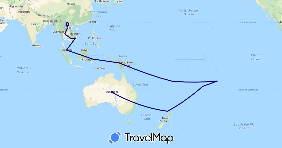 TravelMap itinerary: driving in Australia, Cook Islands, Fiji, Indonesia, Cambodia, Laos, Malaysia, New Zealand, French Polynesia, Papua New Guinea, Thailand, Vietnam (Asia, Oceania)